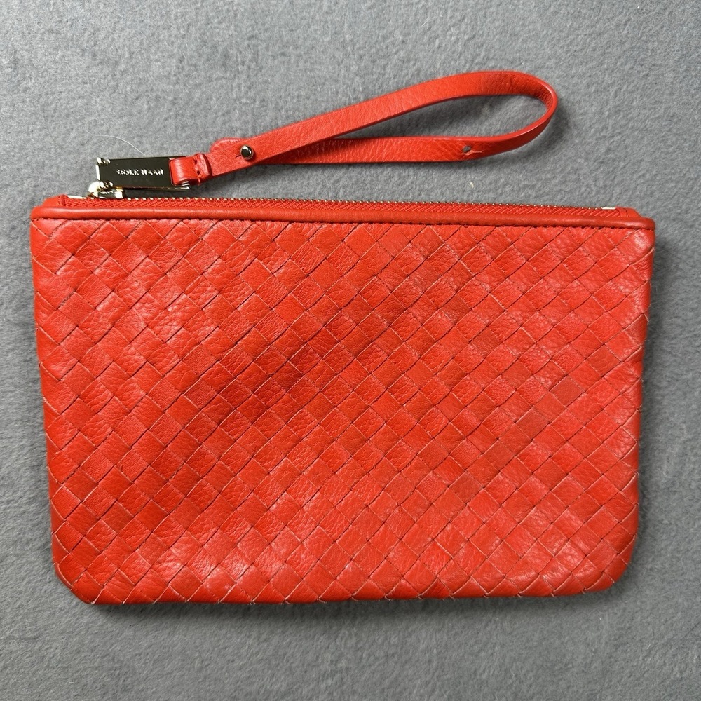Cole Haan Red Woven Leather Wristlet Clutch Zip Pouch Handbag